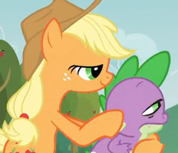 Size: 404x348 | Tagged: safe, screencap, character:applejack, character:spike, species:dragon, species:earth pony, species:pony, episode:apple family reunion, g4, my little pony: friendship is magic, animation error, cropped, female, lidded eyes, male, mare, mid-blink screencap