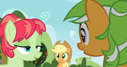 Size: 604x320 | Tagged: safe, screencap, character:apple dumpling, character:apple leaves, character:applejack, episode:apple family reunion, g4, my little pony: friendship is magic, apple family member, lidded eyes, out of context