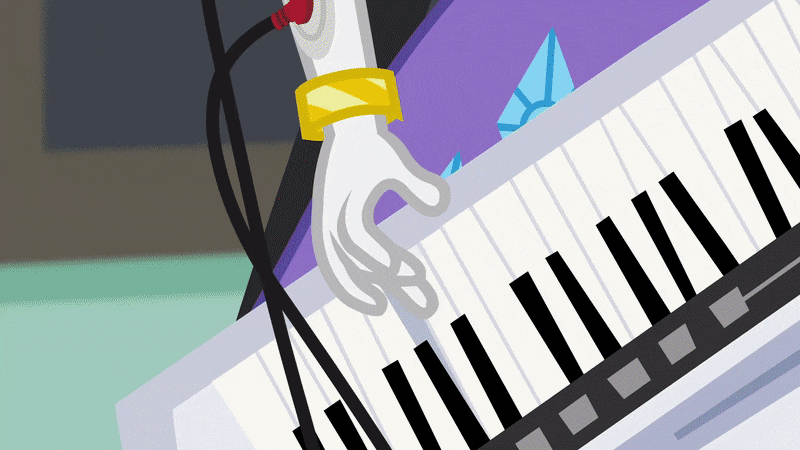 Size: 800x450 | Tagged: safe, screencap, character:rarity, episode:the science of magic, equestria girls:friendship games, g4, my little pony:equestria girls, animated, boots, bracelet, cables, clothing, eyes closed, gif, high heel boots, jewelry, keytar, musical instrument, ponied up, pony ears, ponytail, shoes, skirt, sparkles