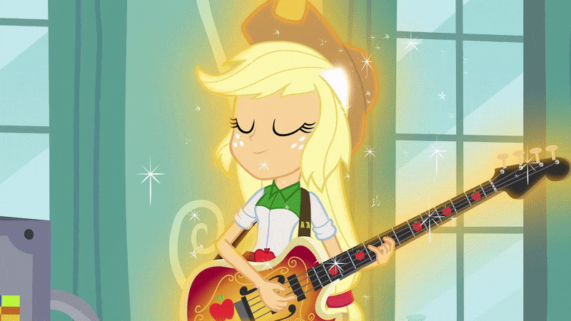 Size: 800x450 | Tagged: safe, screencap, character:applejack, character:sunset shimmer, episode:the science of magic, equestria girls:friendship games, g4, my little pony:equestria girls, animated, apple, bass guitar, food, gif, musical instrument, ponied up, sunset the science gal, that pony sure does love apples