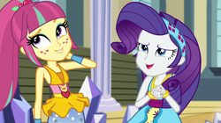 Size: 1912x1072 | Tagged: safe, screencap, character:rarity, character:sour sweet, equestria girls:dance magic, g4, my little pony:equestria girls, cute, duo, duo female, female, freckles, ponytail, raribetes, sourbetes