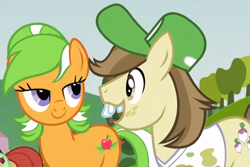 Size: 496x332 | Tagged: safe, screencap, character:apple leaves, character:candy apples, character:hayseed turnip truck, species:earth pony, species:pony, episode:apple family reunion, g4, my little pony: friendship is magic, apple family member, background pony, baseball cap, bucktooth, cap, clothing, duo, female, hat, lidded eyes, male, mare, open mouth, out of context, stallion