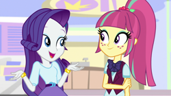 Size: 1912x1072 | Tagged: safe, screencap, character:rarity, character:sour sweet, equestria girls:dance magic, g4, my little pony:equestria girls, bracelet, cute, duo, duo female, female, freckles, jewelry, ponytail, raribetes, sourbetes