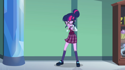 Size: 1920x1080 | Tagged: safe, screencap, character:twilight sparkle, character:twilight sparkle (scitwi), species:eqg human, equestria girls:friendship games, g4, my little pony:equestria girls, clothing, crystal prep academy uniform, eyes closed, female, glasses, hair bun, legs, pleated skirt, school uniform, shoes, skirt, socks, what more is out there