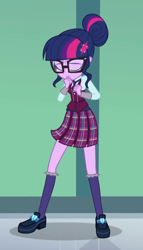 Size: 568x994 | Tagged: safe, screencap, character:twilight sparkle, character:twilight sparkle (scitwi), species:eqg human, equestria girls:friendship games, g4, my little pony:equestria girls, clothing, cropped, crystal prep academy uniform, eyes closed, female, glasses, hair bun, legs, pleated skirt, school uniform, shoes, skirt, socks, solo, what more is out there
