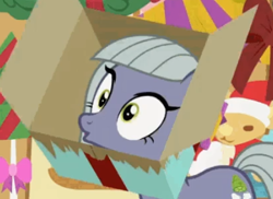 Size: 359x262 | Tagged: safe, screencap, character:limestone pie, species:earth pony, species:pony, episode:best gift ever, g4, my little pony: friendship is magic, :o, box, clothing, cropped, female, hat, mare, open mouth, party hat, pony in a box, present, solo