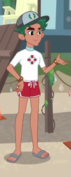 Size: 277x683 | Tagged: safe, screencap, character:timber spruce, episode:turf war, g4, my little pony:equestria girls, clothing, cropped, feet, legs, lifeguard, lifeguard timber, male, male feet, sandals, shorts, smiling