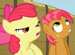 Size: 468x340 | Tagged: safe, screencap, character:apple bloom, character:babs seed, species:pony, episode:apple family reunion, g4, my little pony: friendship is magic, cousins, cropped, duo, female, filly