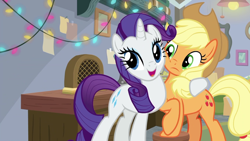 Size: 1280x720 | Tagged: safe, screencap, character:applejack, character:rarity, species:earth pony, species:pony, species:unicorn, episode:best gift ever, episode:mystery voice, g4, my little pony: friendship is magic, applejack's hat, clothing, cowboy hat, cute, cutie mark, duo, female, hat, hearth's warming shorts, hearth's warming tree, hug, jackabetes, mare, raribetes, shipping fuel, squishy cheeks, tree