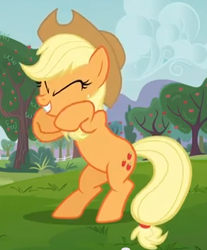 Size: 288x348 | Tagged: safe, screencap, character:applejack, species:earth pony, species:pony, episode:apple family reunion, g4, my little pony: friendship is magic, bipedal, cropped, female, mare, reaction image, rearing, solo