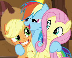 Size: 850x690 | Tagged: safe, screencap, character:applejack, character:fluttershy, character:rainbow dash, species:earth pony, species:pegasus, species:pony, episode:yakity-sax, g4, my little pony: friendship is magic, cropped, female, rainbow dash gets all the mares, smiling, trio