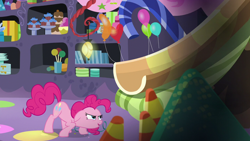 Size: 1280x720 | Tagged: safe, screencap, character:pinkie pie, episode:party pooped, g4, my little pony: friendship is magic, balloon, determined, party cave, slide, solo, streamers