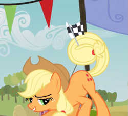 Size: 649x591 | Tagged: safe, screencap, character:applejack, species:earth pony, species:pony, episode:apple family reunion, g4, my little pony: friendship is magic, checkered flag, cropped, crouching, female, flag, mare, prehensile tail, tail hold