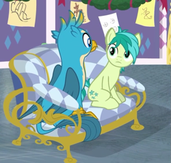 Size: 589x561 | Tagged: safe, screencap, character:gallus, character:sandbar, species:griffon, species:pony, episode:best gift ever, episode:mystery voice, g4, my little pony: friendship is magic, chair, cropped, cutie mark, hearth's warming shorts, male, tail, wings