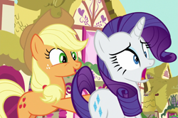 Size: 1085x720 | Tagged: safe, screencap, character:applejack, character:rarity, species:earth pony, species:pony, species:unicorn, episode:yakity-sax, g4, my little pony: friendship is magic, butt touch, context is for the weak, cropped, female, hoof on butt, mare, open mouth, pushing, rump push