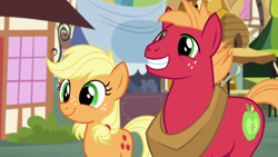 Size: 1280x720 | Tagged: safe, screencap, character:applejack, character:big mcintosh, species:earth pony, species:pony, episode:where the apple lies, g4, my little pony: friendship is magic, cute, female, filly, filly applejack, freckles, grin, jackabetes, nervous, nervous grin, smiling, teenage applejack, teenage big macintosh, teenager, younger