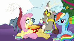 Size: 1280x720 | Tagged: safe, screencap, character:discord, character:fluttershy, character:rainbow dash, species:draconequus, species:pony, episode:best gift ever, g4, my little pony: friendship is magic, food, hearth's warming tree, present, pudding, spoon, the true gift of gifting, tree, winterchilla, winterzilla
