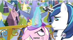 Size: 640x347 | Tagged: safe, screencap, character:princess cadance, character:shining armor, episode:the crystal empire, g4, my little pony: friendship is magic, captain obvious, glowing horn, horn crystals, hub logo, youtube caption