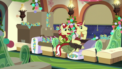 Size: 1280x720 | Tagged: safe, screencap, character:flam, character:flim, species:pony, species:unicorn, episode:best gift ever, g4, my little pony: friendship is magic, brothers, crossed hooves, disappointed, flim flam brothers, holly the hearths warmer doll, male, siblings, stallion, train, upset