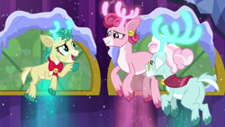 Size: 1280x720 | Tagged: safe, screencap, character:alice, character:aurora, character:bori, species:deer, species:reindeer, episode:best gift ever, g4, my little pony: friendship is magic, deer magic, glowing horn, levitation, magic, self-levitation, telekinesis, the gift givers, twilight's castle
