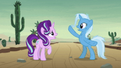 Size: 1280x720 | Tagged: safe, screencap, character:hoo'far, character:starlight glimmer, character:trixie, species:pony, species:unicorn, episode:on the road to friendship, animated, bipedal, cactus, chanting, cute, diatrixes, face smoosh, female, friendship chant, fusion dance, glimmerbetes, hoo'far's wagon, laughing, male, sound, squishy cheeks, trixie's wagon, webm