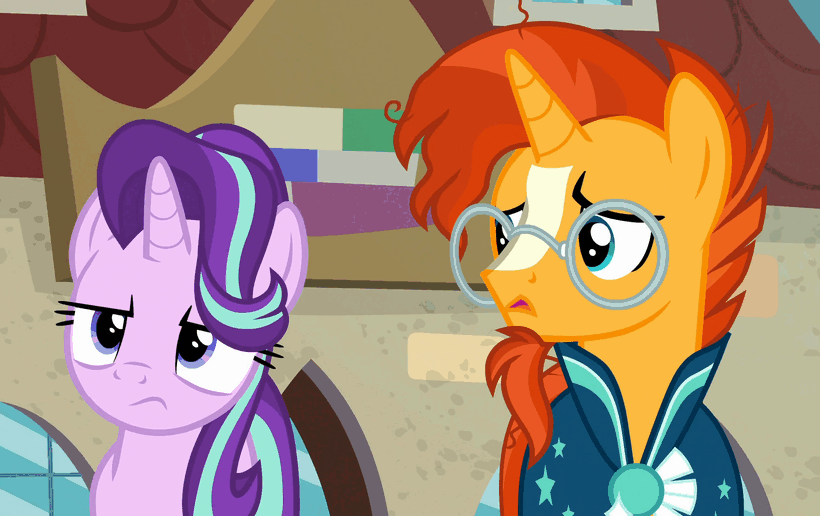 Size: 820x516 | Tagged: safe, screencap, character:starlight glimmer, character:sunburst, species:pony, species:unicorn, episode:the parent map, g4, animated, cape, clothing, duo, female, gif, glasses, male, mare, sigh, stallion
