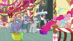 Size: 1280x720 | Tagged: safe, screencap, character:limestone pie, character:marble pie, character:maud pie, character:pinkie pie, species:earth pony, species:pony, episode:best gift ever, g4, my little pony: friendship is magic, bed, bow, clothing, dress, hat, pie sisters, present, scarf, siblings, sisters, streamers, sugarcube corner, wreath