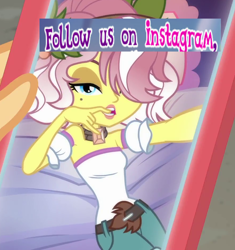 Size: 886x941 | Tagged: safe, gameloft, screencap, character:applejack, character:vignette valencia, equestria girls:rollercoaster of friendship, g4, my little pony:equestria girls, biting, cellphone, finger bite, finger in mouth, hashtag bangs, instagram, me my selfie and i, meme, phone, selfie, smartphone, vignette valencia, wow! glimmer