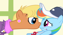 Size: 1280x720 | Tagged: safe, screencap, character:ms. harshwhinny, character:rainbow dash, species:earth pony, species:pegasus, species:pony, episode:flight to the finish, g4, my little pony: friendship is magic, angry, boop, cap, clothing, ear piercing, earring, female, hat, jewelry, mare, nervous, out of context, piercing, whistle