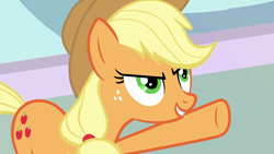 Size: 1280x720 | Tagged: safe, screencap, character:applejack, species:earth pony, species:pony, episode:triple pony dare ya, female, freckles, mare, raised hoof, solo