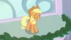 Size: 1280x720 | Tagged: safe, screencap, character:applejack, species:earth pony, species:pony, episode:best gift ever, episode:triple pony dare ya, g4, my little pony: friendship is magic, eyes closed, female, freckles, mare, smiling, solo