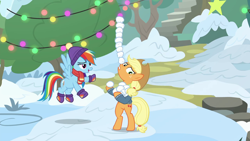 Size: 1280x720 | Tagged: safe, screencap, character:applejack, character:rainbow dash, species:pony, episode:triple pony dare ya, bipedal, female, snow, snowball