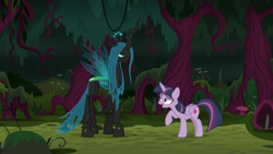 Size: 1280x720 | Tagged: safe, screencap, character:mean twilight sparkle, character:queen chrysalis, species:alicorn, species:changeling, species:pony, episode:the mean 6, g4, my little pony: friendship is magic, changeling queen, clone, everfree forest, female, scheming