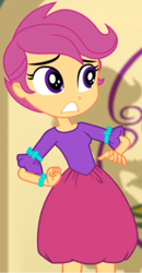 Size: 1488x2870 | Tagged: safe, screencap, character:scootaloo, species:pegasus, species:pony, episode:a photo booth story, eqg summertime shorts, g4, my little pony:equestria girls, adorable face, clothing, cute, cutealoo, fall formal, fall formal outfits, nervous, shocked, shocked face, skirt, solo, tomboy, tomboy taming, upscaled