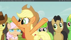 Size: 1920x1080 | Tagged: safe, screencap, character:braeburn, species:earth pony, species:pony, episode:apple family reunion, g4, my little pony: friendship is magic, bipedal, clothing, freckles, glasses, hat, raise this barn, unamused, youtube link