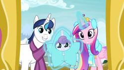 Size: 1366x768 | Tagged: safe, screencap, character:princess cadance, character:princess flurry heart, character:shining armor, species:pony, episode:best gift ever, g4, my little pony: friendship is magic, baby, baby pony, cute, cutedance, family, flurrybetes, foal, shining adorable, star flurry heart