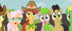 Size: 632x272 | Tagged: safe, screencap, character:apple rose, character:braeburn, character:golden delicious, character:half baked apple, character:wensley, episode:apple family reunion, g4, my little pony: friendship is magic, apple family member