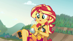 Size: 1920x1080 | Tagged: safe, screencap, character:sunset shimmer, episode:x marks the spot, g4, my little pony:equestria girls, bikini, bikini babe, bottle, clothing, geode of empathy, magical geodes, message in a bottle, raised eyebrow, sarong, sleeveless, swimsuit