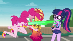 Size: 1920x1080 | Tagged: safe, screencap, character:pinkie pie, character:sunset shimmer, character:twilight sparkle, character:twilight sparkle (scitwi), species:eqg human, episode:x marks the spot, g4, my little pony:equestria girls, bottle, clothing, feet, fire, fire breath, fire pinkie, flip-flops, food, geode of empathy, geode of sugar bombs, geode of telekinesis, glasses, green fire, hot, magical geodes, pain, ponytail, red face, roe, sandals, sarong, shocked, sleeveless, sushi, sushi cone, swimsuit, wasabi, wat
