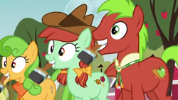 Size: 608x344 | Tagged: safe, screencap, character:apple cinnamon, character:candy apples, character:jonagold, character:perfect pie, episode:apple family reunion, g4, my little pony: friendship is magic, apple family member, bolo tie, clothing, hat, neckerchief, paintbrush