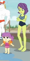 Size: 287x588 | Tagged: safe, screencap, character:bulk biceps, character:victoria, episode:x marks the spot, g4, my little pony:equestria girls, baby, background human, barefoot, clothing, crossed arms, feet, female, legs, lipstick, mother and daughter, offscreen character, sandals, smiling, swimsuit, victoria, water lily (equestria girls)