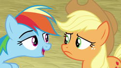 Size: 1280x720 | Tagged: safe, screencap, character:applejack, character:rainbow dash, species:pony, episode:triple pony dare ya, applejack's hat, clothing, cowboy hat, cutie mark, duo, female, frown, hat, leaning forward, mare, rivalry, stetson