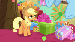 Size: 1280x720 | Tagged: safe, screencap, character:applejack, character:rainbow dash, episode:triple pony dare ya, apple, food