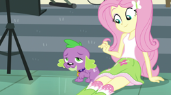 Size: 1912x1072 | Tagged: safe, screencap, character:fluttershy, character:spike, character:spike (dog), species:dog, equestria girls:dance magic, g4, my little pony:equestria girls, clothing, sleeveless, tank top
