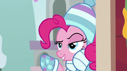 Size: 1280x720 | Tagged: safe, screencap, character:pinkie pie, species:earth pony, species:pony, episode:triple pony dare ya, female, hearth's warming shorts, raised eyebrow, solo, winter outfit