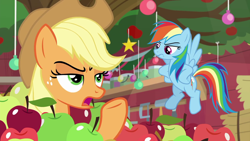 Size: 1280x720 | Tagged: safe, screencap, character:applejack, character:rainbow dash, species:pony, episode:triple pony dare ya, apple, duo, female, flying, food, hearth's warming shorts, hooves on hips