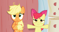 Size: 629x346 | Tagged: safe, screencap, character:apple bloom, character:applejack, species:earth pony, species:pony, episode:apple family reunion, g4, my little pony: friendship is magic, bed, female, filly, mare, on back, out of context, pillow