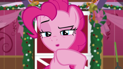 Size: 1280x720 | Tagged: safe, screencap, character:pinkie pie, species:earth pony, species:pony, episode:the great escape room, female, mare, open mouth, raised eyebrow, raised hoof, solo