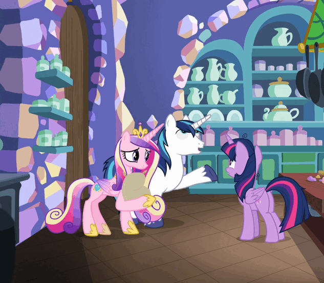 Size: 633x552 | Tagged: safe, screencap, character:princess cadance, character:shining armor, character:twilight sparkle, character:twilight sparkle (alicorn), species:alicorn, species:pony, episode:best gift ever, g4, my little pony: friendship is magic, animated, cracked armor, derp, gif, kitchen, twilynanas