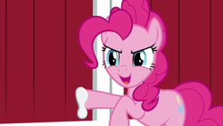 Size: 1280x720 | Tagged: safe, screencap, character:pinkie pie, species:earth pony, species:pony, episode:the great escape room, female, mare, open mouth, raised hoof, solo